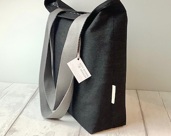 Long Handled Tote Bag - Black Denim - Wave Print Lining with Pocket