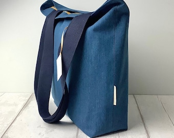Long Handled Tote Bag - Mid Blue Denim Denim - Mustard Print Lining with Pocket