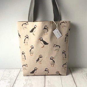 Long Handled Tote Bag - Puffins - Black Spot Lining with Pocket