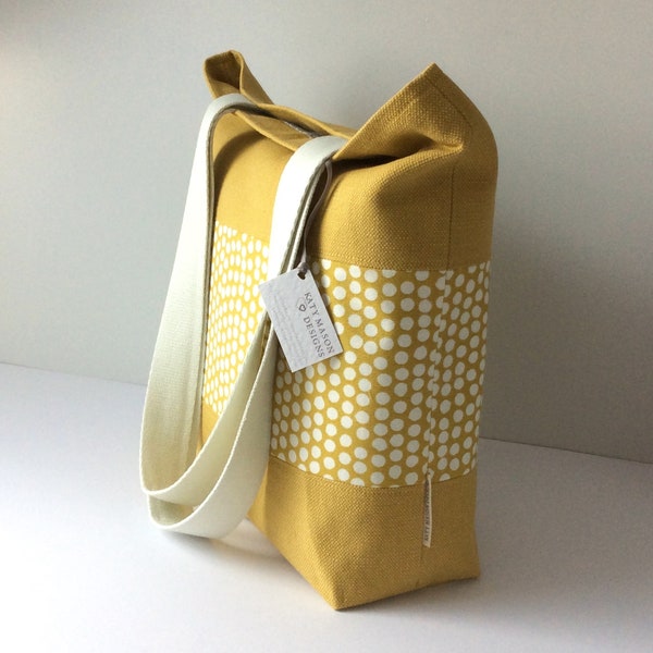 Long Handled Tote Bag - Ochre Yellow - Spots - Grey Spot Lining with Pocket