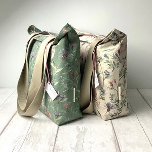 Long Handled Tote Bag - Floral - Linen - Green or Plain