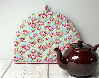 Tea Cosy - Pink Roses - Blue Spot Lining - Quilted