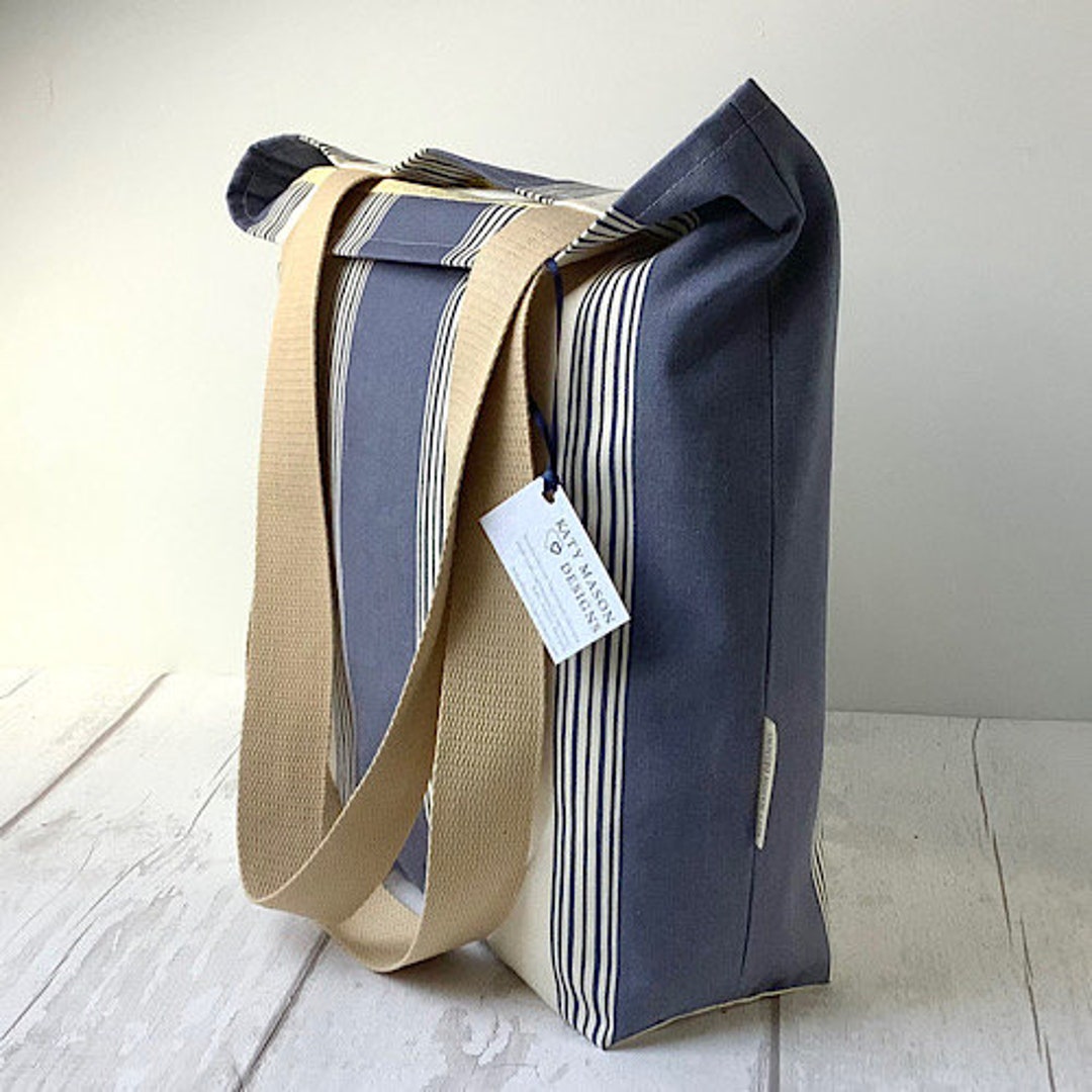 Blue and Beige Striped Tote Bag