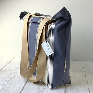 Long Handled Tote Bag - Blue Stripe - Beige Handles - Yellow Spot Lining with  Pocket
