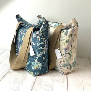 Bolso de mano con asa larga - Dientes de león - Lino - Verde azulado o liso
