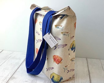 Long Handled Tote Bag - Colourful Fish - Yellow Spot Lining with Pocket