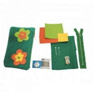 May include: A green felt pouch with two felt flower embellishments, a zipper, green felt fabric, yellow felt fabric, orange felt fabric, a spool of thread, a button, and two metal zipper pulls.