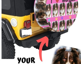 a girl her dog and her jeep tire cover