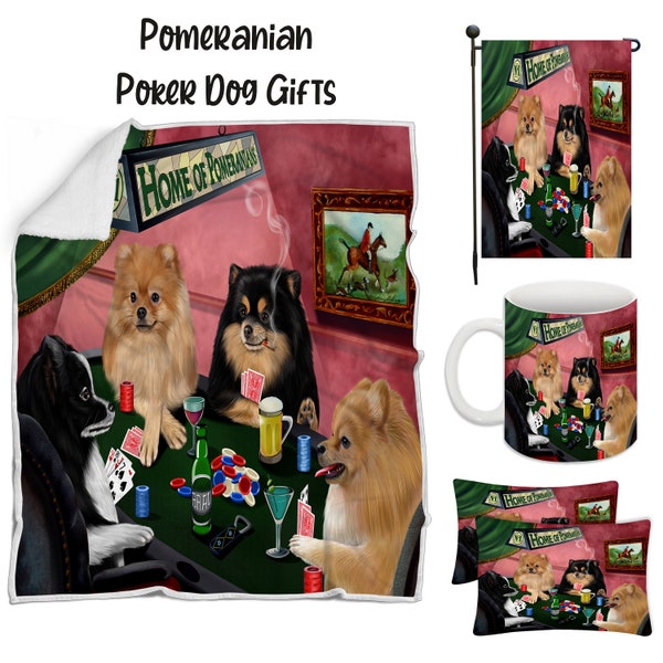 Pomeranian Poker Dog Floormat, Garden Flag, Gambler Canvas, Puppy Blanket, Gift for Pet Lovers, Dad Casino Gift, Mom Pet Coffee Mug