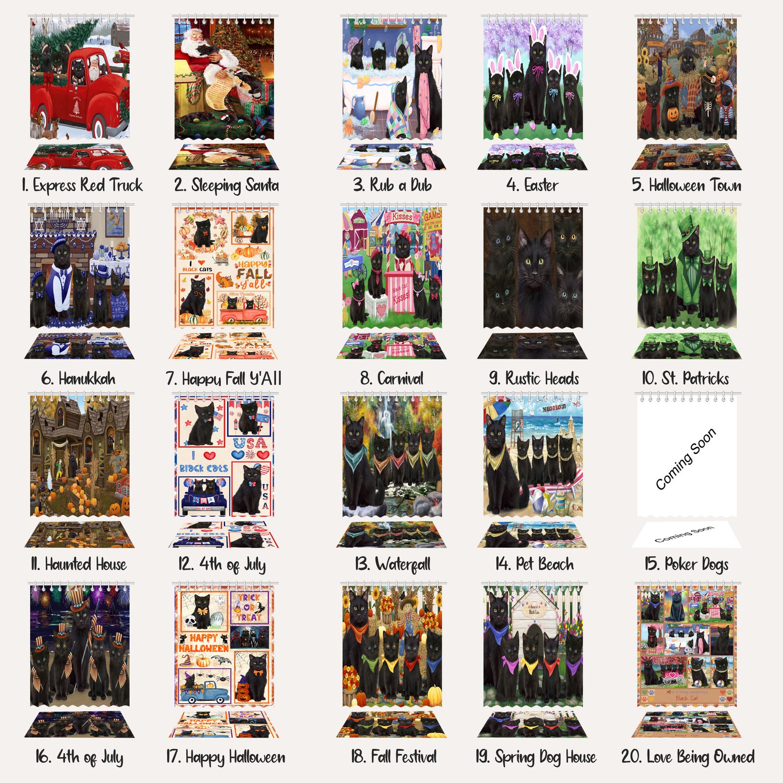 Black Cat Shower Curtain & Bath Mat Combo Pet Painting image 3