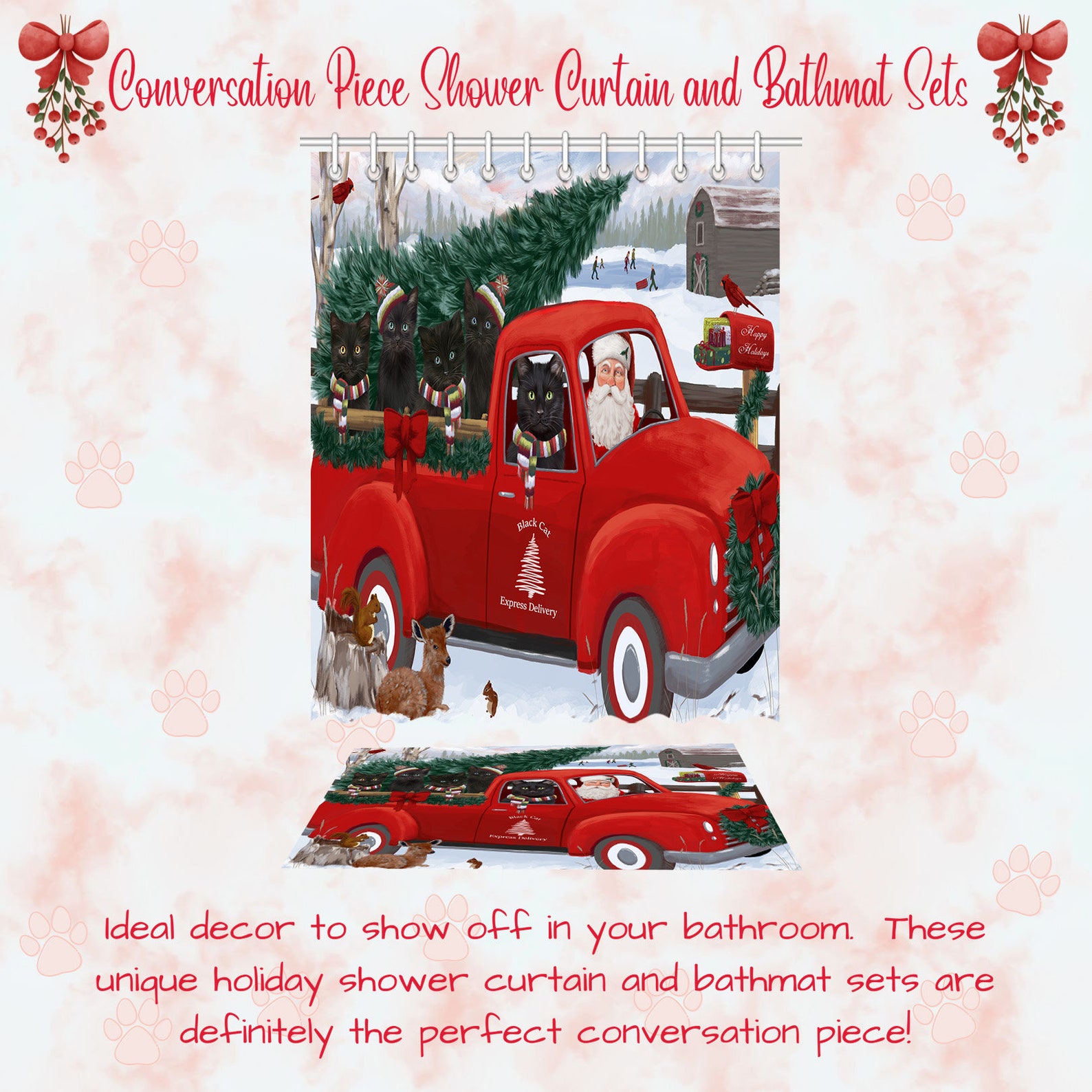 Black Cat Shower Curtain & Bath Mat Combo Pet Painting image 6