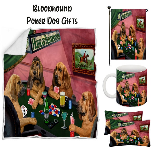 Bloodhound Poker Dog Floormat, Garden Flag, Gambler Canvas, Puppy Blanket, Gift for Pet Lovers, Dad Casino Gift, Mom Pet Coffee Mug