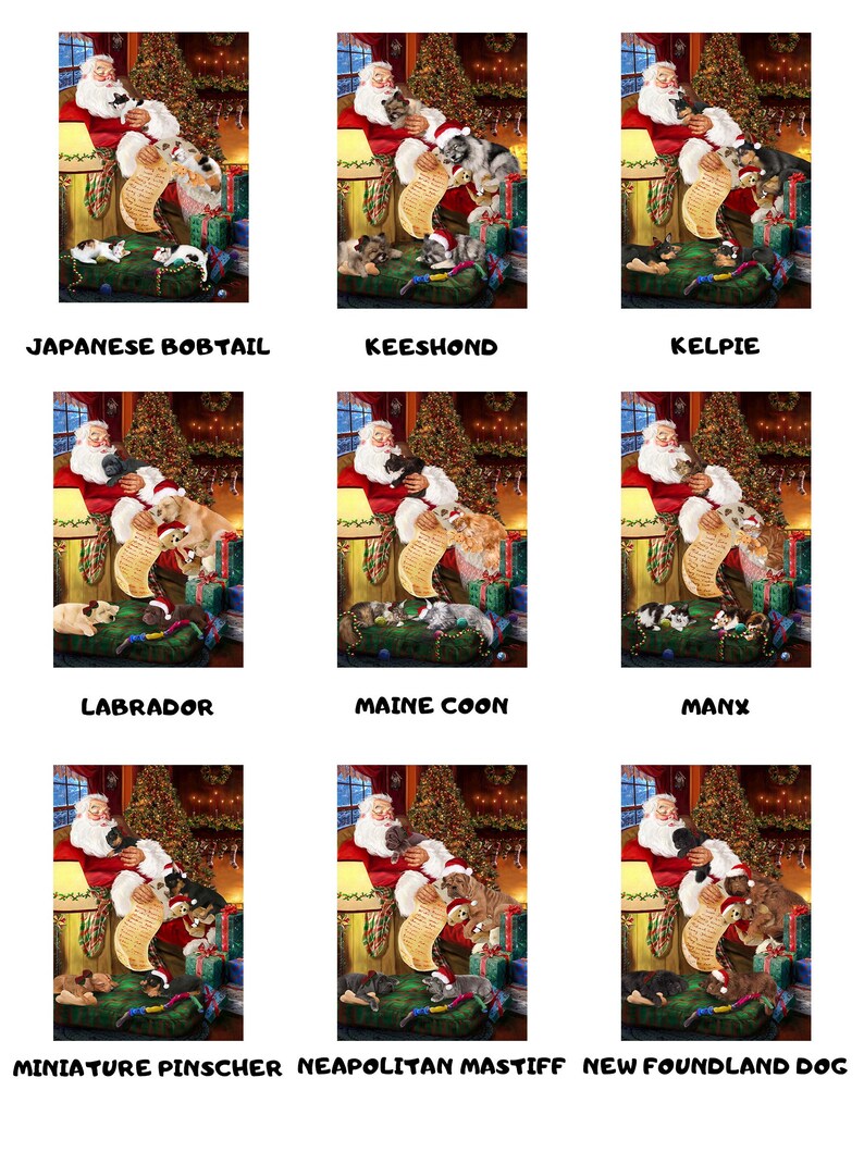 Bulldog Briard Calico Cat Boxer Borzoi Cavalier King Charles Spaniel Personalized Christmas Santa Sleeping with Dog Cat Purse Tote