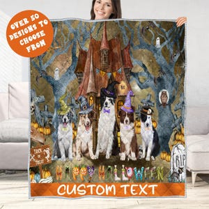 May include: Halloween-themed quilt featuring five dogs wearing witch hats, with a haunted house backdrop, pumpkins, and the text "Happy Halloween" and "Custom Text". The quilt is displayed by a person.