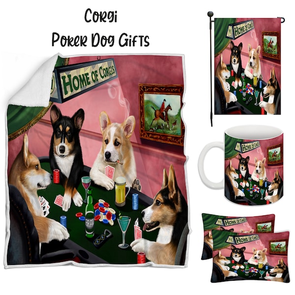 Corgi Poker Dog Floormat, Garden Flag, Gambler Canvas, Puppy Blanket, Gift for Pet Lovers, Dad Casino Gift, Mom Pet Coffee Mug