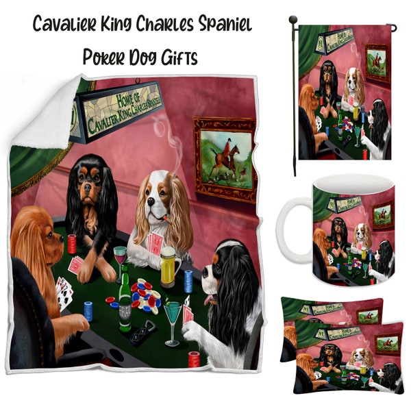 King Charles Cavalier Poker Dog Floormat, Garden Flag, Gambler Canvas, Puppy Blanket, Gift for Pet Lovers, Dad Casino Gift, Pet Coffee Mug