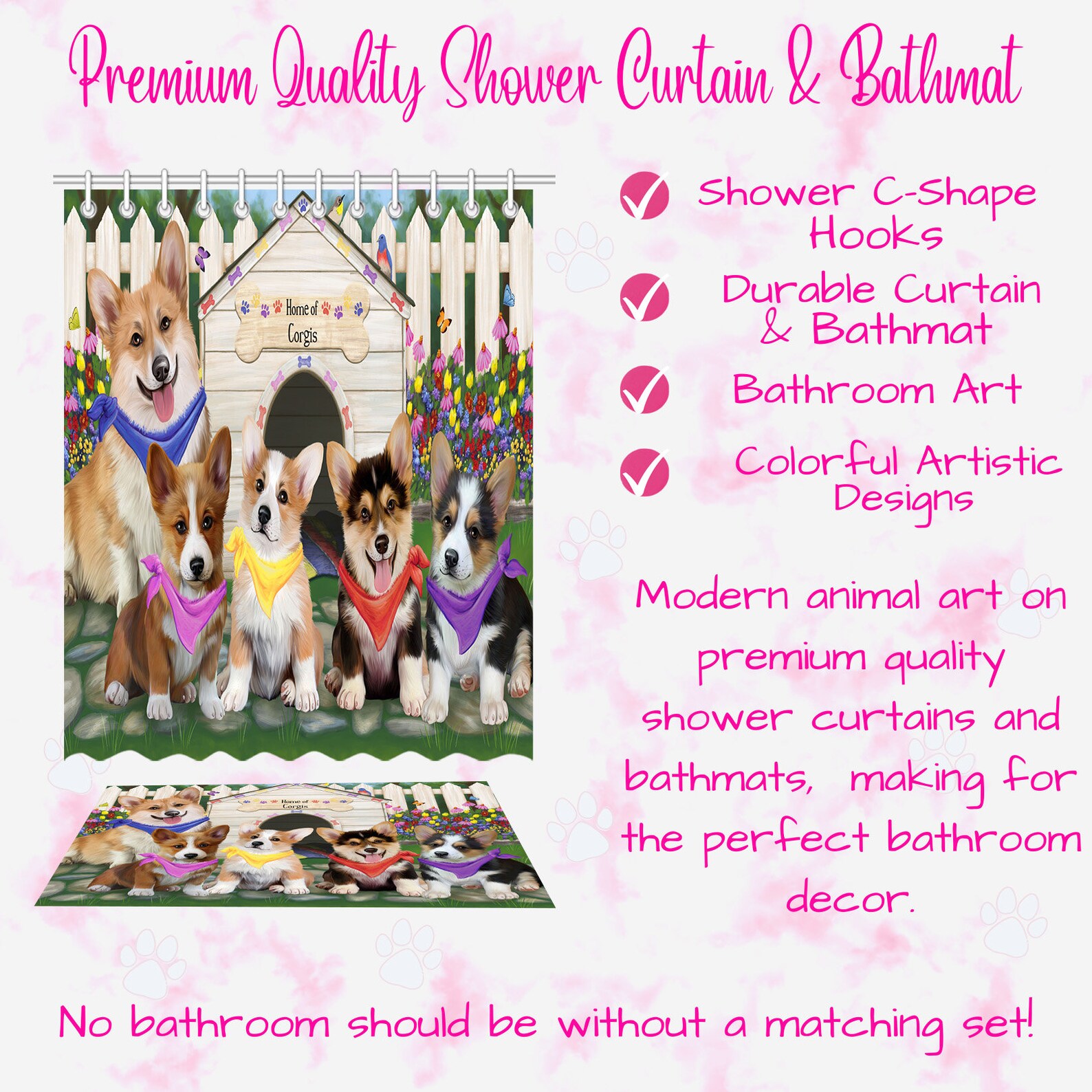 Corgi Dog Shower Curtain & Bath Mat Combo Pet Painting image 8