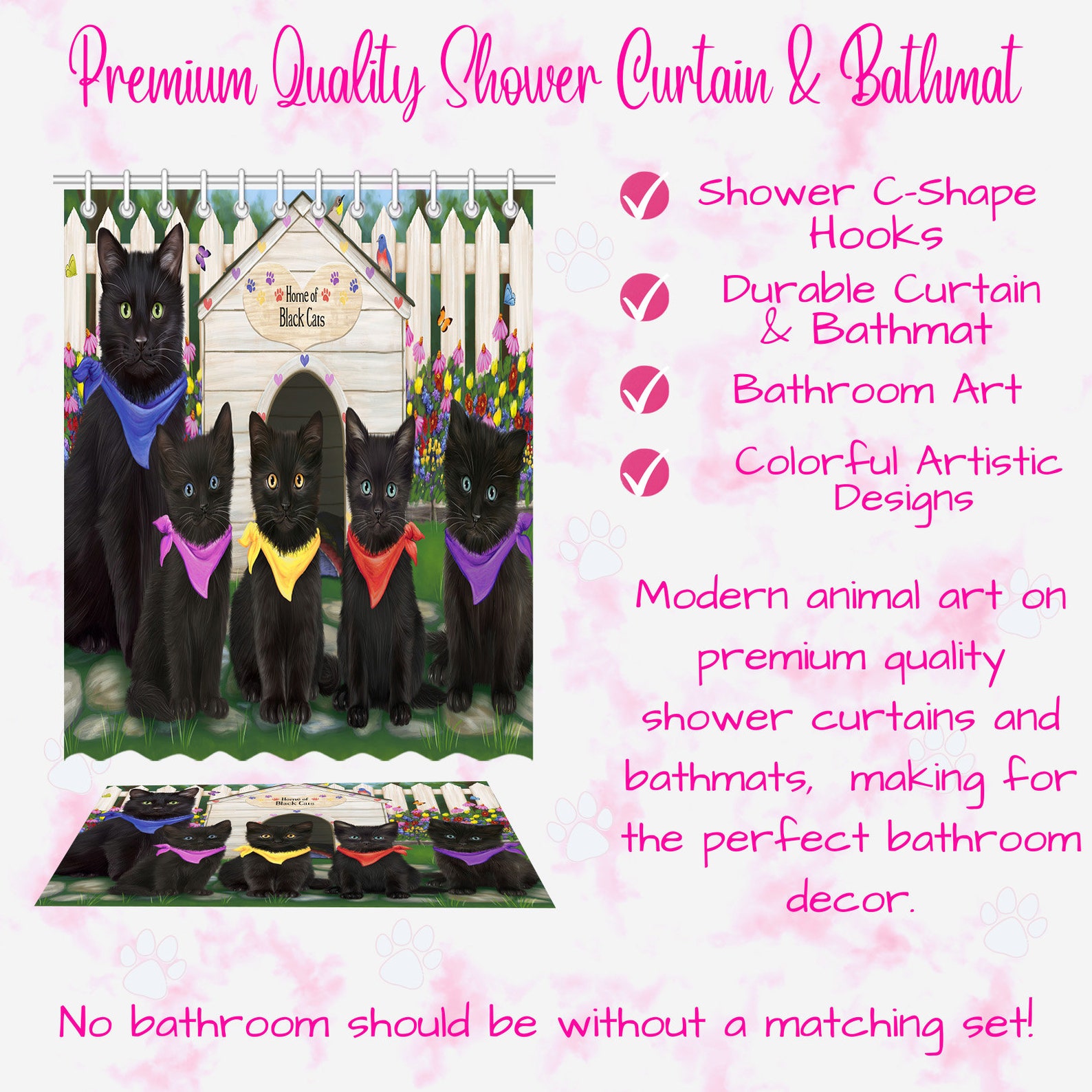 Black Cat Shower Curtain & Bath Mat Combo Pet Painting image 8
