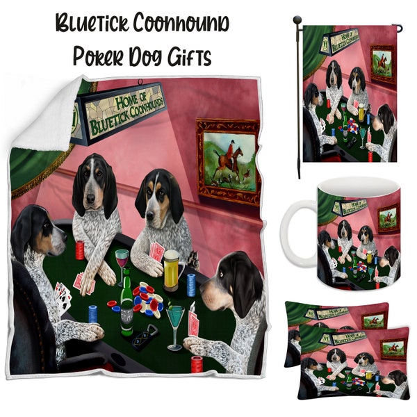 Bluetick Coonhound Poker Dog Floormat, Garden Flag, Gambler Canvas, Puppy Blanket, Gift for Pet Lovers, Dad Casino Gift, Mom Pet Coffee Mug