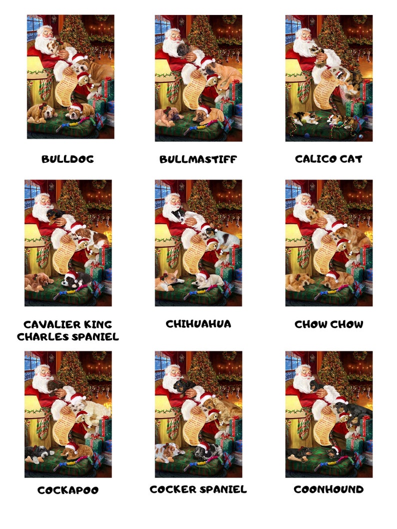 Bulldog Briard Calico Cat Boxer Borzoi Cavalier King Charles Spaniel Personalized Christmas Santa Sleeping with Dog Cat Purse Tote