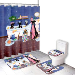May include: A bathroom set featuring a whimsical illustration of dogs in a bathtub. The set includes a shower curtain, bath mat, and toilet seat cover. The design features dogs in a bathtub with bubbles, towels, and other bath accessories. The color scheme is blue, white, and brown.
