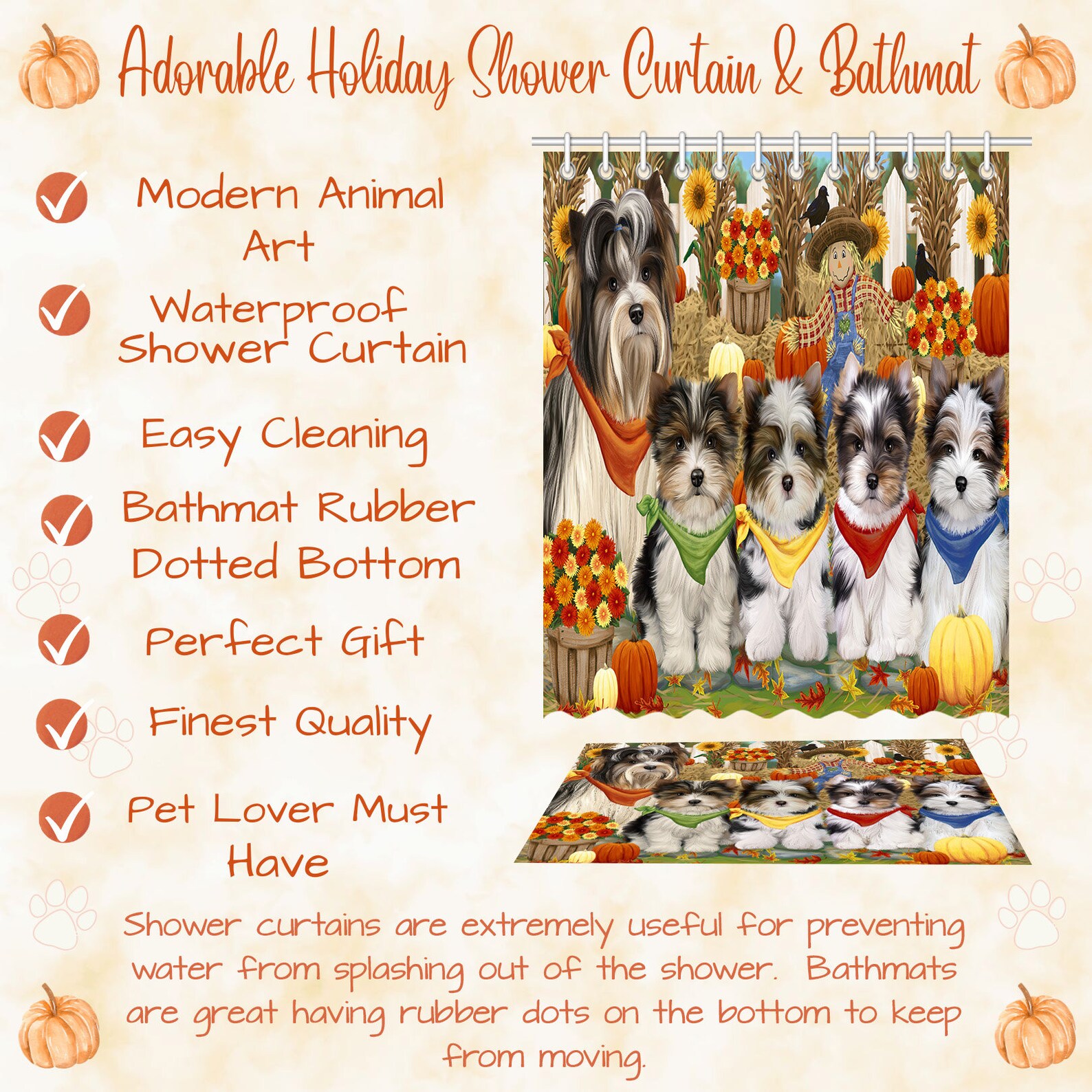 Biewer Terrier Dog Shower Curtain & Bath Mat Combo Pet Painting image 4