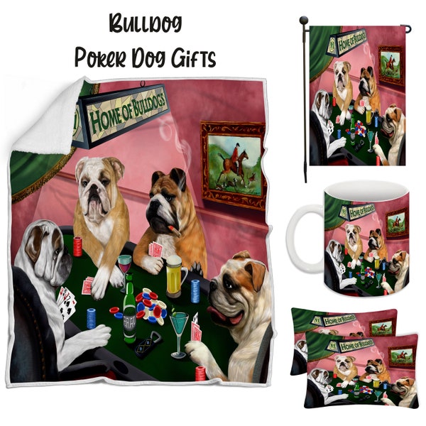 Bulldog Poker Dog Floormat, Garden Flag, Gambler Canvas, Puppy Blanket, Gift for Pet Lovers, Dad Casino Gift, Mom Pet Coffee Mug