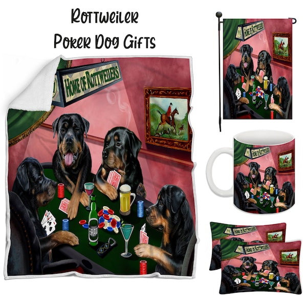 Rottweiler Poker Dog Floormat, Garden Flag, Gambler Canvas, Puppy Blanket, Gift for Pet Lovers, Dad Casino Gift, Mom Pet Coffee Mug