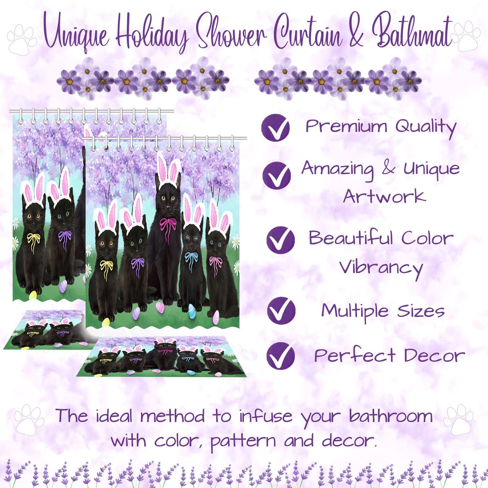 Black Cat Shower Curtain & Bath Mat Combo Pet Painting image 5