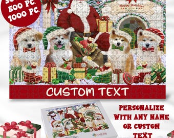 May include: A jigsaw puzzle featuring Santa Claus and four Akita dogs wearing holiday hats and bow ties, surrounded by wrapped gifts and stockings. The puzzle includes text reading Happy Holidays and CUSTOM TEXT.