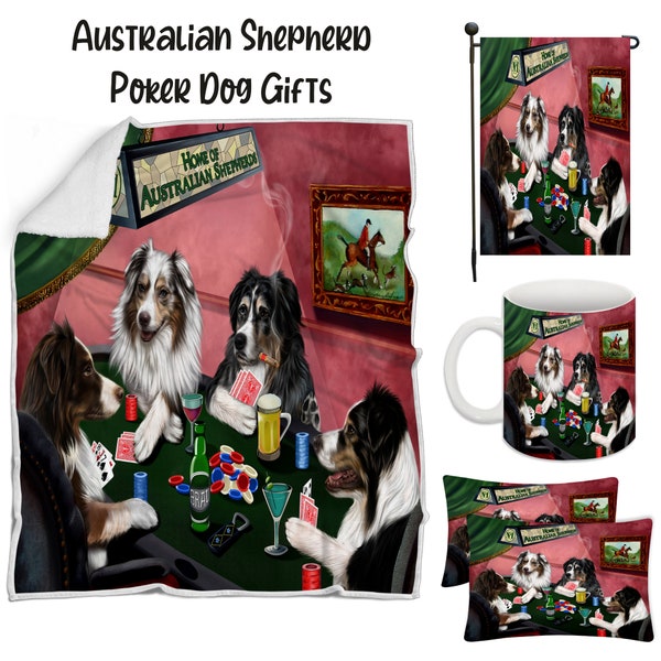 Australian Shepherd Poker Dog Floormat, Garden Flag, Gambler Canvas, Puppy Blanket, Gift for Pet Lovers, Dad Casino Gift, Mom Pet Coffee Mug