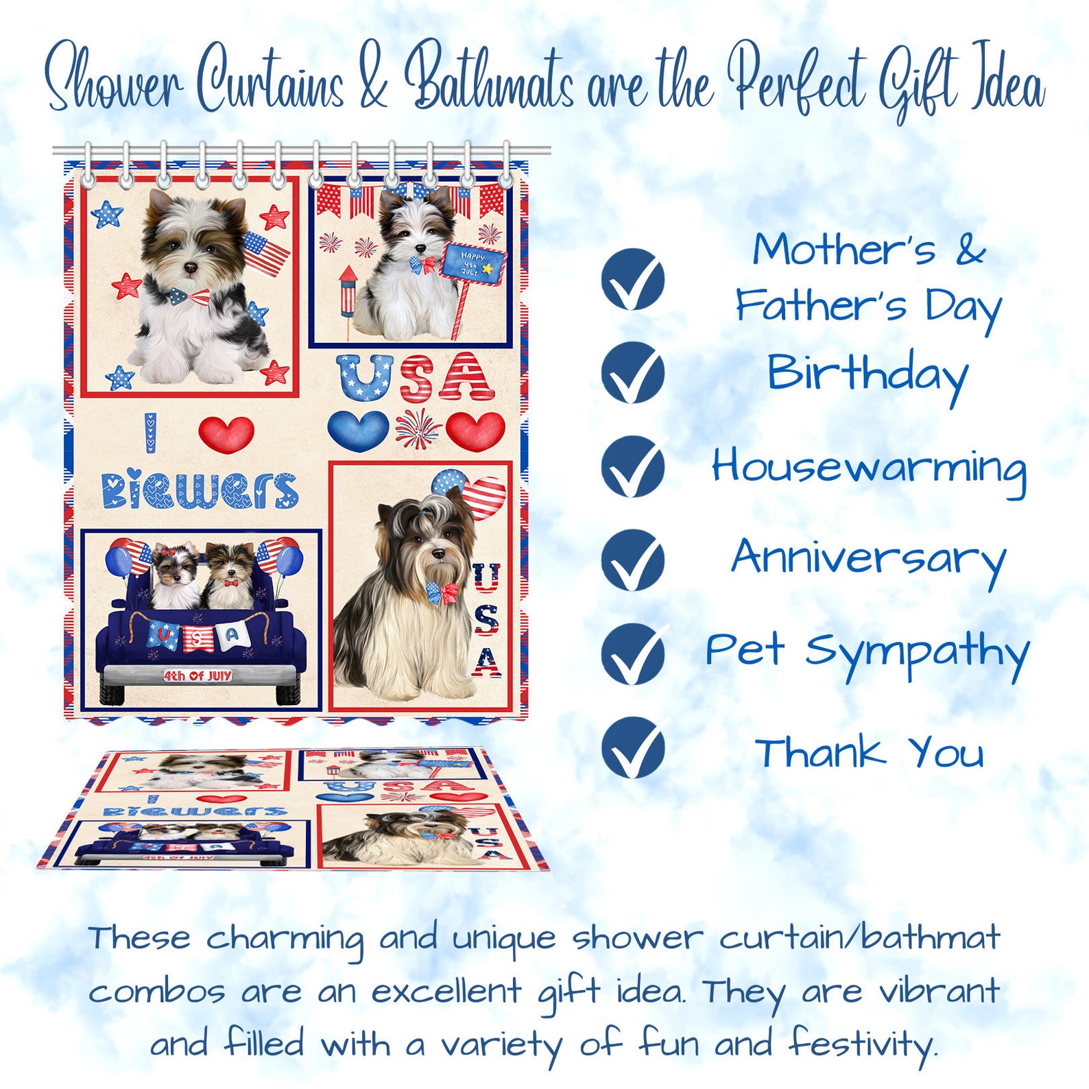 Biewer Terrier Dog Shower Curtain & Bath Mat Combo Pet Painting image 6