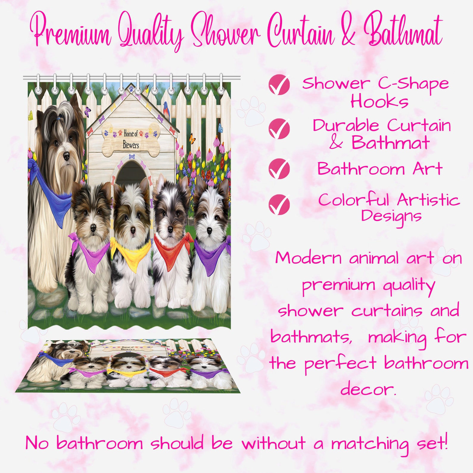 Biewer Terrier Dog Shower Curtain & Bath Mat Combo Pet Painting image 8