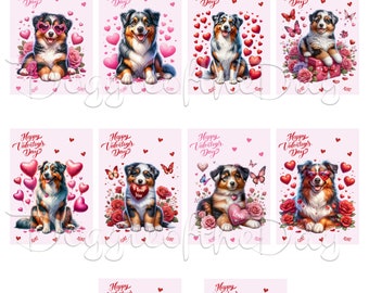 Australian Shepherd Valentine's Greeting Cards w/ Envelopes, I Love You, Pack of 10 Personalized, Aussie Lover, Blue Merle Red, Black Tri