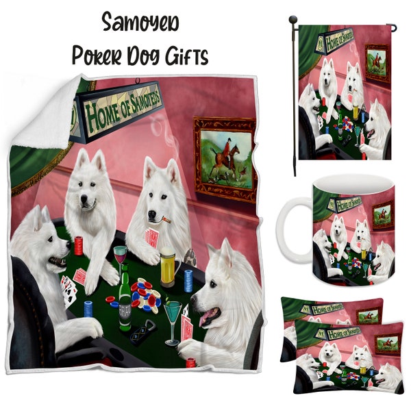 Samoyed Poker Dog Floormat, Garden Flag, Gambler Canvas, Puppy Blanket, Gift for Pet Lovers, Dad Casino Gift, Mom Pet Coffee Mug