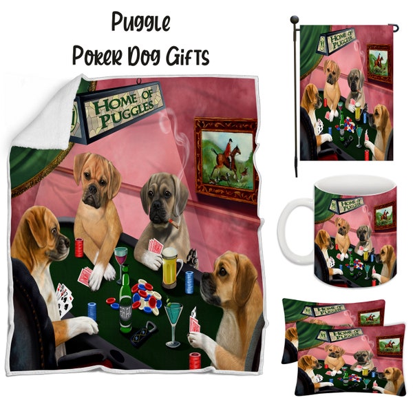 Puggles Poker Dog Floormat, Garden Flag, Gambler Canvas, Puppy Blanket, Gift for Pet Lovers, Dad Casino Gift, Mom Pet Coffee Mug