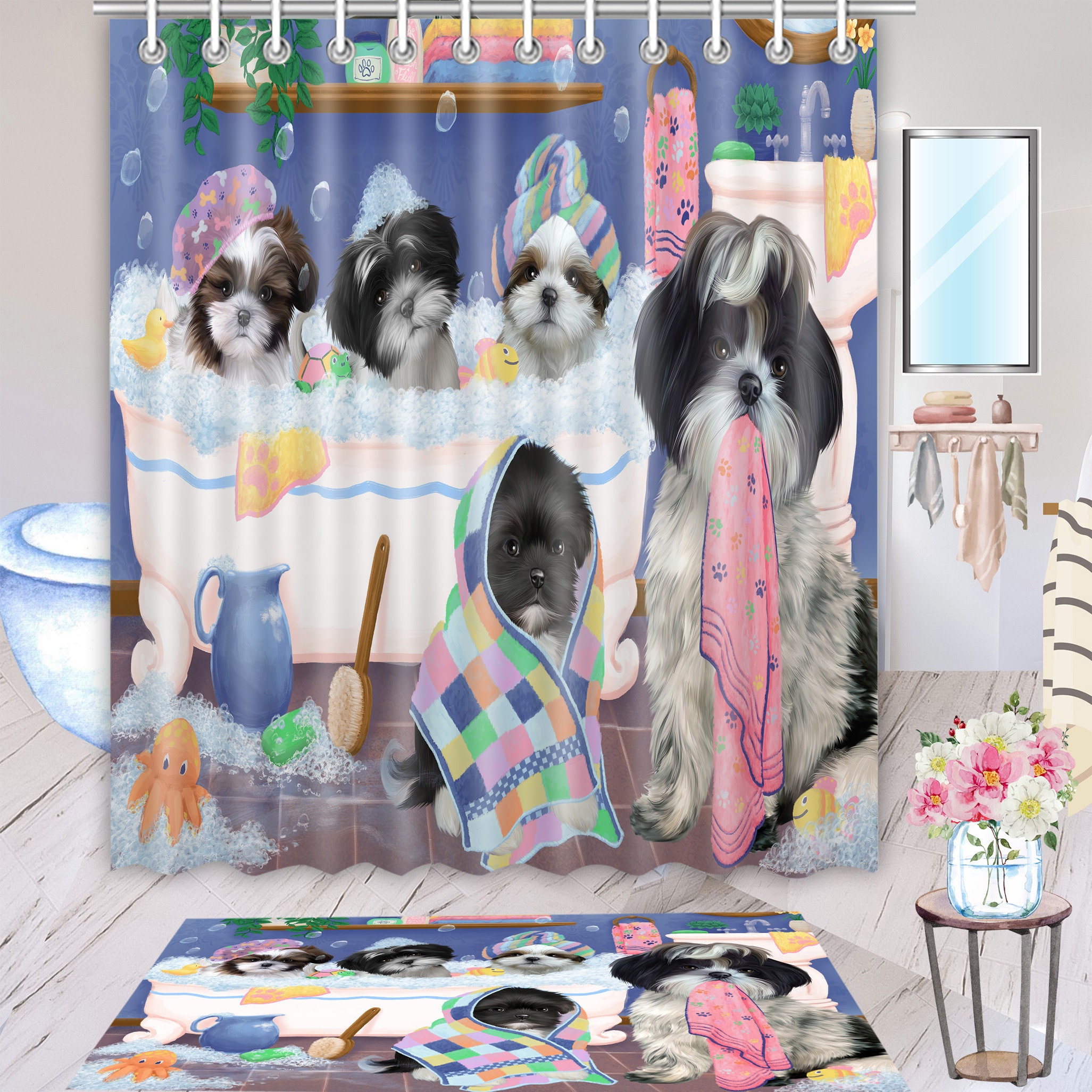 Spring Dog House Shih Tzu Dogs Bath Mat and Shower Curtain Combo