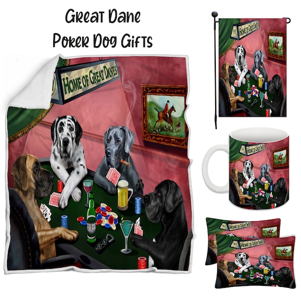 Great Dane Poker Dog Floormat, Garden Flag, Gambler Canvas, Puppy Blanket, Gift for Pet Lovers, Dad Casino Gift, Mom Pet Coffee Mug