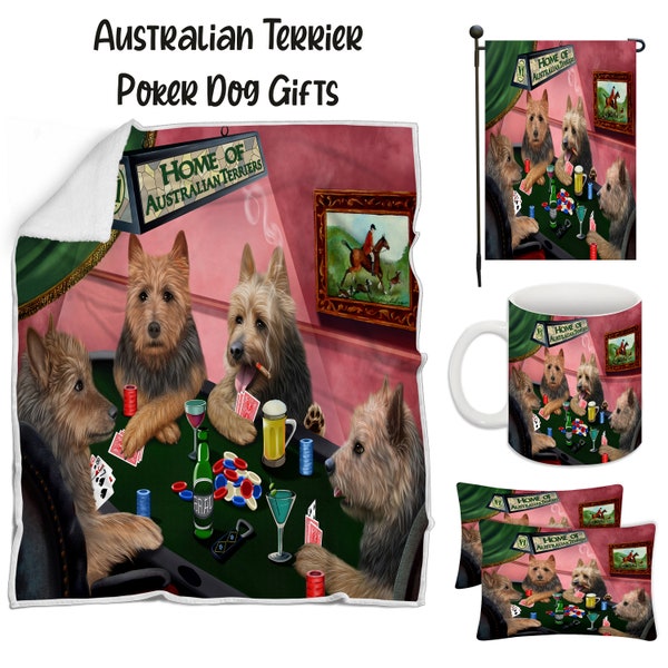 Australian Terrier Poker Dog Floormat, Garden Flag, Gambler Canvas, Puppy Blanket, Gift for Pet Lovers, Dad Casino Gift, Mom Pet Coffee Mug