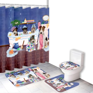 May include: A bathroom set featuring a whimsical illustration of dogs in a bathtub. The set includes a shower curtain, bath mat, and toilet seat cover. The design features dogs in a bathtub with bubbles, towels, and other bath accessories. The color scheme is primarily blue, white, and brown.