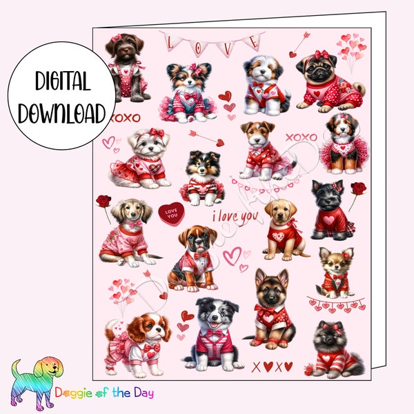 Dog Birthday Card, I Love You, Card for Couple, Dog with Roses, Puppy with Hearts, Romantic Printable Card Instant Download 5x7 w/ Envelope