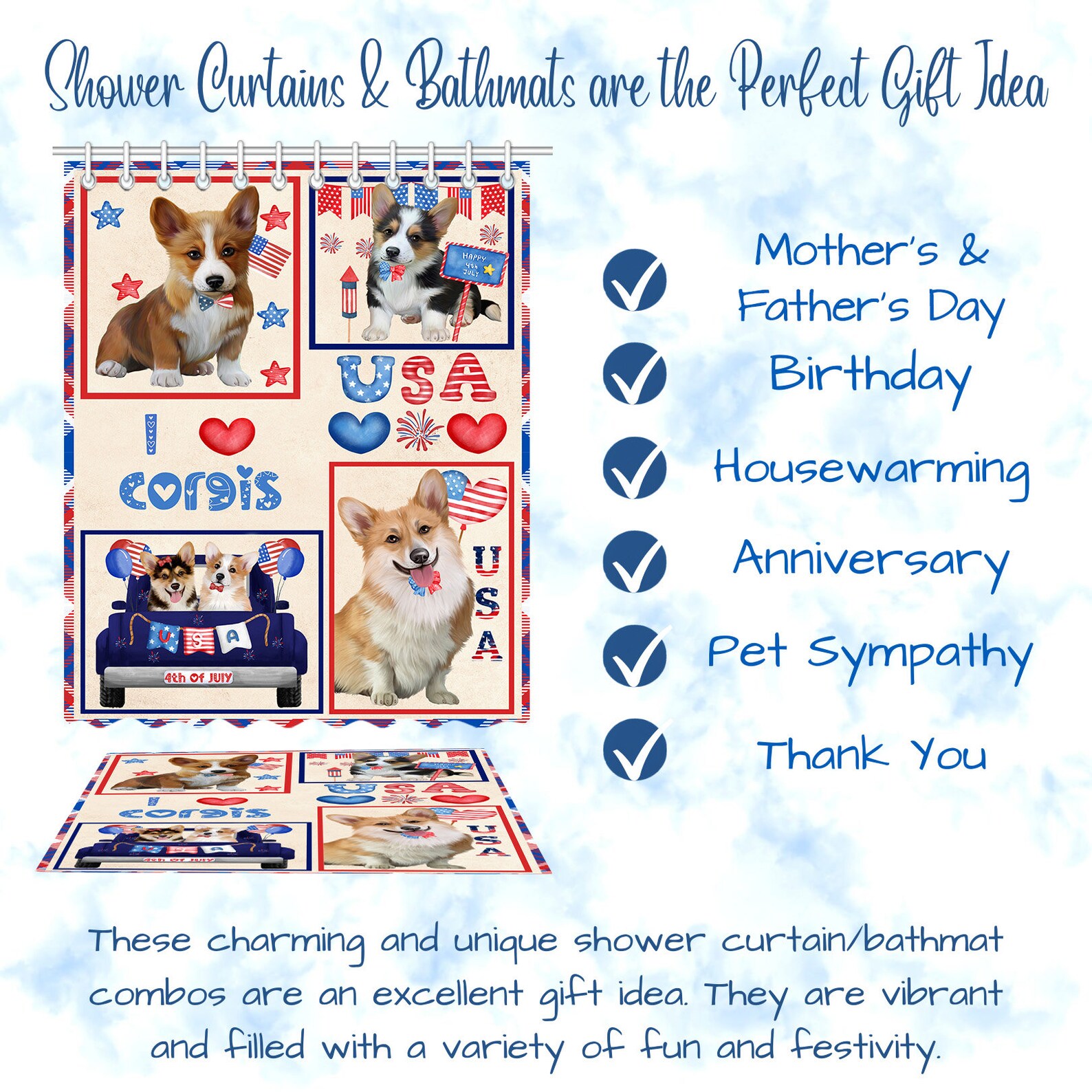 Corgi Dog Shower Curtain & Bath Mat Combo Pet Painting image 6
