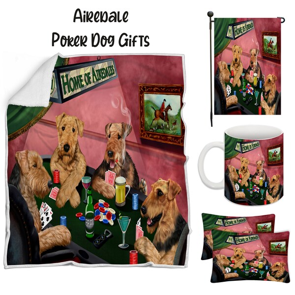 Airedale Terrier Poker Dog Floormat, Garden Flag, Gambler Canvas, Puppy Blanket, Gift for Pet Lovers, Dad Casino Gift, Mom Pet Coffee Mug