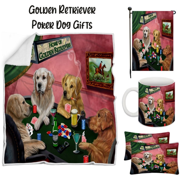 Golden Retriever Poker Dog Floormat, Garden Flag, Gambler Canvas, Puppy Blanket, Gift for Pet Lovers, Dad Casino Gift, Mom Pet Coffee Mug