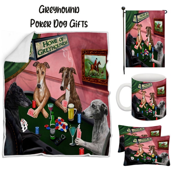 Greyhound Poker Dog Floormat, Garden Flag, Gambler Canvas, Puppy Blanket, Gift for Pet Lovers, Dad Casino Gift, Mom Pet Coffee Mug