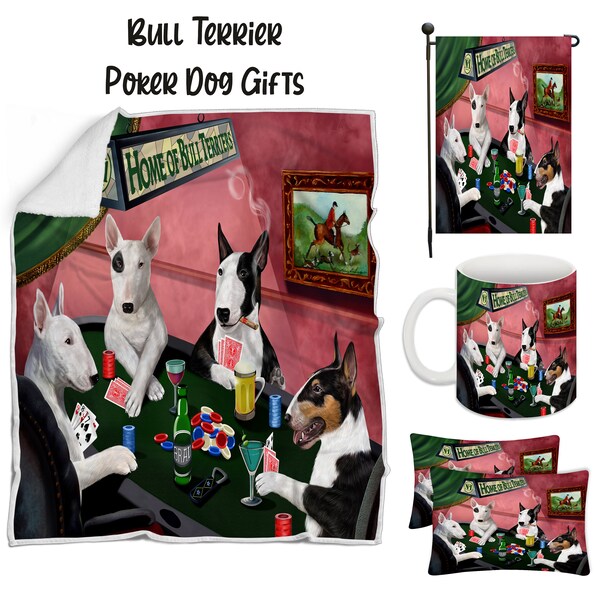 Bull Terrier Poker Dog Floormat, Garden Flag, Gambler Canvas, Puppy Blanket, Gift for Pet Lovers, Dad Casino Gift, Mom Pet Coffee Mug