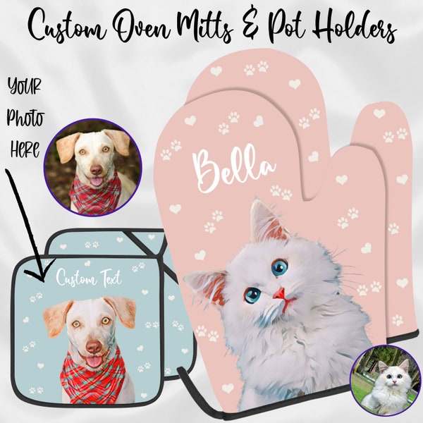 Customized Oven Mitts, Cute Dog and Cat Photo on Custom Pot Holders, Personalized Pet Lovers Kitchen Accessory Gift for Dad and Mom