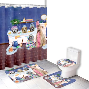 May include: A bathroom set featuring a whimsical illustration of dogs in a bathtub. The set includes a shower curtain, bath mat, and toilet seat cover. The color palette includes blue, brown, and white.
