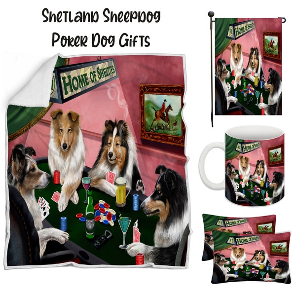 Shetland Sheepdog Poker Dog Floormat, Garden Flag, Gambler Canvas, Puppy Blanket, Gift for Pet Lovers, Dad Casino Gift, Mom Pet Coffee Mug