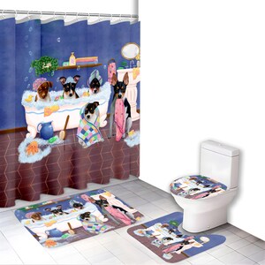 May include: A bathroom set featuring a whimsical illustration of dogs in a bathtub. The set includes a shower curtain, bath mat, and toilet seat cover. The dogs are depicted with towels and bath accessories, creating a playful and unique bathroom theme.